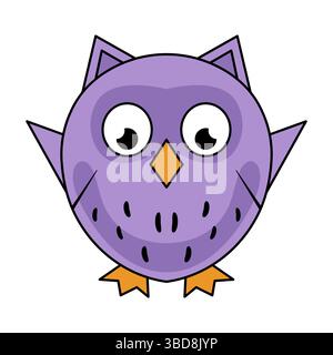 Lila Eule im Cartoon-Stil. Eine süße und einfache Vektorillustration einer lila Eule mit großen, runden Augen und einem kleinen, orangen diamantförmigen Schnabel. Stock Vektor