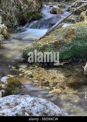 Kristallklares Wasser fließt über moosige Felsen und Kieselsteine in einem Bach in Serramonacesca, Abruzzen, Italien, und schafft eine friedliche natürliche Szene Stockfoto