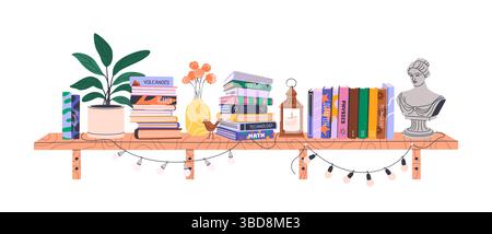 Stapel Bücher im Bücherregal. Bibliothek zu Hause. Stock Vektor