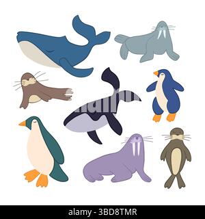 Vektor isolierte Illustration Satz von arktischen Meerestieren auf weißem Hintergrund. Stock Vektor