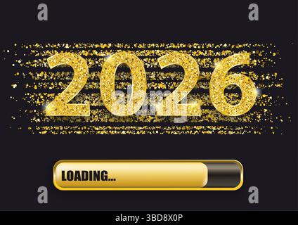 2026 Loading Progress Bar Golden Confetti Night Golden Confetti mit dem Text 2026 und Loading Progress Bar. Stockfoto