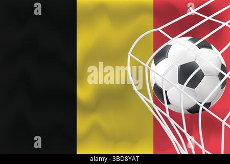 Editierbare belgische 3D-Flagge mit Fußball und Netz. Perfekt für Sportbeiträge, Spieltage-Promos, Euro- oder WM-Grafiken. Ideal für Banner und Anzeigen. Stock Vektor