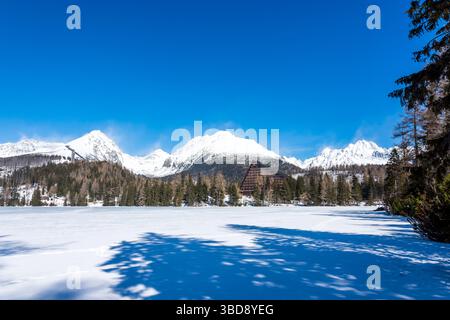 Slowakei, Strbske Pleso: Blick auf den gefrorenen See in Big Tatra, Slowakei. Berge im Hintergrund, Bäume und See im Vordergrund. Winter und Schnee, Sport Stockfoto
