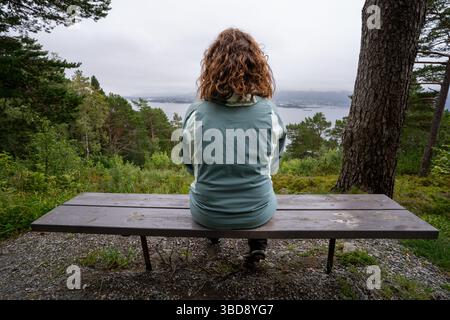 Frau mit lockigen Haaren, die allein auf einer Bank sitzt und den Alesund-Fjord unter einem bewölkten Himmel bestaunt, umgeben von üppigen Kiefernwäldern und friedlicher Natur. Norwe Stockfoto