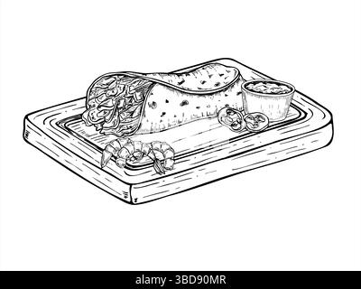 Tortilla Wrap mit Garnelen, Chili Paprika und Soße auf Holzbrett monochrome Vektor Illustration in schwarz und weiß. Für mexikanische Lebensmittel-Branding Stock Vektor