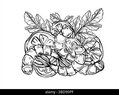 Monochrome gekochte Garnelen auf Zitronenscheiben mit Petersilie-Vektor-Illustration gemalt von schwarzen Tinten. Meeresfrüchte und Zitrusfrüchte, Kräuter, grafische Skizze für Menüs Stock Vektor