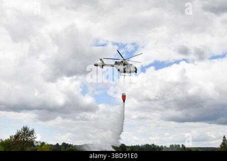 Maasmechelen, Belgien. Mai 2025. Die Abbildung zeigt einen Polizeihubschrauber, der am Freitag, den 23. Mai 2025, einen bambi-Eimer benutzt, um Wasser auf ein Feuer im Nationaal Park Hoge Kempen in AS zu kippen. Feuerwehren aus der Ost-Limburger Rettungszone wurden am Donnerstag, den 22. Mai 2025 Abend gegen 21.00 Uhr zu einem Waldbrand in der Mechelse Heide auf dem Gebiet von Maasmechelen und AS massenhaft ausgerufen. BELGA FOTO PINO MISURACA Credit: Belga Nachrichtenagentur/Alamy Live News Stockfoto