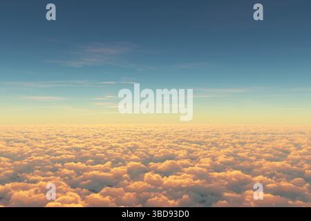 Über Wolken, Blick von der Pilotenkabine im Flugzeug. Luftaufnahme über Wolken bei Sonnenaufgang oder Sonnenuntergang. Blauer Himmel, weiße Wolken mit Magie und weichem Su Stockfoto
