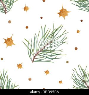 Tannenzweige, goldene Sterne und Konfetti nahtlose Aquarellmuster isolierter Hintergrund. Weihnachtswald verziert für festliches Geschenkpapier, Feiertage Stockfoto