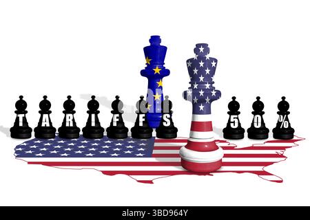 Schach aus USA- und EU-Flaggen. Handel, Zölle, Zölle und Zölle zwischen DEN USA und der EU Stockfoto
