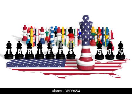 Schach aus den USA und EU-Mitgliedsflaggen. Handel, Zölle, Zölle und Zölle zwischen DEN USA und der EU Stockfoto