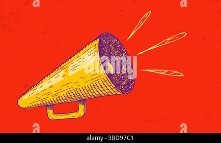 Vektor-Symbol des Vintage-Megaphons für Fake, Breaking News oder Verkauf. Vektor-Retro-Megaphon im Doodle-Stil auf gelbem Hintergrund. Stock Vektor