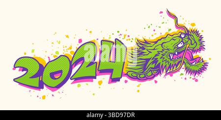 Vektor-Illustration eines Kopfes des chinesischen Drachen für Neujahr 2024. Vektor asiatischer grüner Drache im Glitch-Stil. Stock Vektor