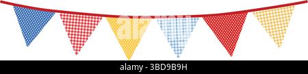 Bunte Wimpelgirlande. Partyflaggen am Seil. Strukturiertes Material. Geburtstagsfeier, Hochzeitstag. Holiday Festa Junina Dekor. Isoliert Stock Vektor