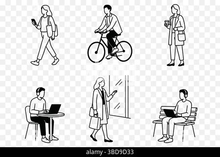 Minimalistische Linienkunst von urbanen Menschen, die alltägliche Aktivitäten ausführen – gesichtsloses Charakterset Stock Vektor