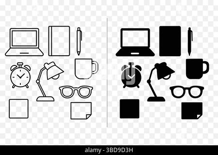 Schreibtisch Essentials Icon Set – minimalistische Bürobedarf Vektor in Line und Solid Styles Stock Vektor