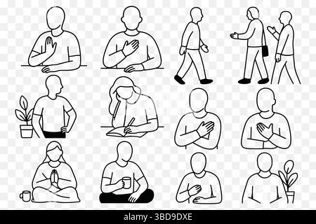 Mindful People One-Line-Charakterset – 12 Minimalistische Menschliche Posen Stock Vektor