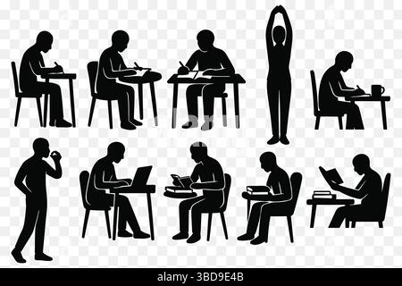 Lernen und fokussieren Sie Routine Silhouette Set – Lesen, Schreiben, Notebook-Arbeit, Stretching und Kaffeepause Symbol Stock Vektor