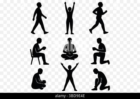 Mindful Movement & Morning Routine Silhouetten – Gehen, Meditieren, Kaffeezeit, Stretching Vector Set Stock Vektor
