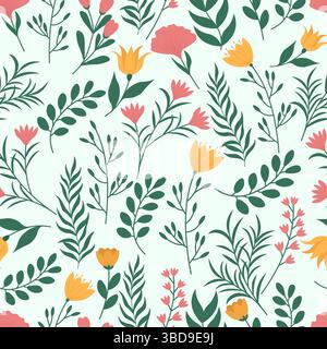 Nahtloses Blumenmuster mit Blättern und Wildblumen Stock Vektor
