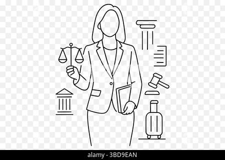 Weibliche Anwältin Line Art – gesichtslose Frau mit Waagen der Gerechtigkeit – minimalistischer Rechtsberuf Vektor Stock Vektor