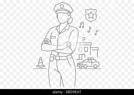 Weibliche Polizeibeamte Line Art – gesichtslose Frau in Uniform mit Patrouille Auto & Station – minimalistische Vektor-Illustration Stock Vektor