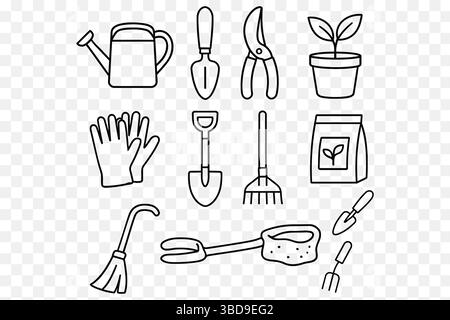 Minimalistische Gardening Line Art Symbole – Plant Care Tool Vector Set Stock Vektor