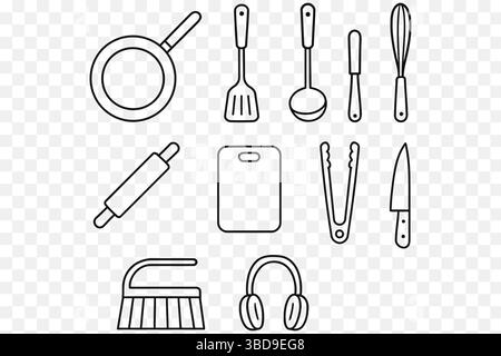 Minimalistische Küchenutensilien Line Art Icons – Kochwerkzeuge Vektor-Set Stock Vektor