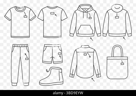 Minimalistisches Mockup-Set – Line Art Fashion Outline Bundle für T-Shirts, Hoodies und Accessoires Stock Vektor