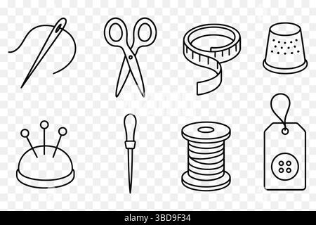 Minimalistische Nähwerkzeuge Line Art Icons – Nadel, Faden, Schere, Maßband Und Schneiderbedarf Vektorset Stock Vektor