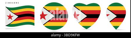 Simbabwe schwenkende Flagge, runder kreisförmiger Aufkleber, herzförmiges Symbol, Kartennadel. Flaggenknöpfe von Simbabwe in verschiedenen Formen. Vektorabbildung isolieren Stock Vektor