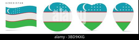 Usbekistan schwenkende Flagge, runder kreisförmiger Aufkleber, herzförmiges Symbol, Kartennadel. Usbekische Flaggenknöpfe in verschiedenen Formen. Vektordarstellung isoliert o Stock Vektor