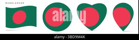 Bangladesch schwenkende Flagge, runder kreisförmiger Aufkleber, herzförmiges Symbol, Kartennadel. Bangladeschische Flaggenknöpfe in verschiedenen Formen. Vektorabbildung isol Stock Vektor