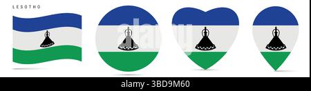 Lesotho schwenkende Flagge, runder Kreisaufkleber, herzförmiges Symbol, Kartennadel. Königreich Lesotho Flaggenknöpfe in verschiedenen Formen. Vektorabbildung Stock Vektor