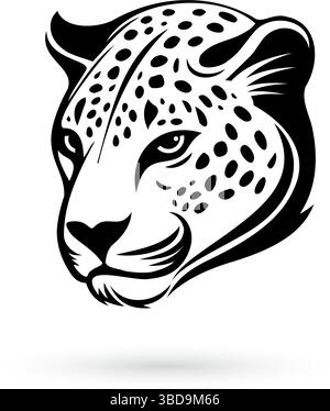 Ein stilisiertes schwarz-weißes Tattoo mit Leopardenkopf auf weißem Hintergrund mit auffälligen Linien und komplizierten Details Stock Vektor