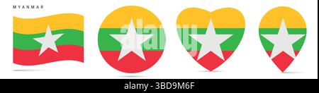 Myanmar schwenkende Flagge, runder kreisförmiger Aufkleber, herzförmiges Symbol, Kartennadel. Burma Flaggenknöpfe in verschiedenen Formen. Vektordarstellung isoliert auf W Stock Vektor