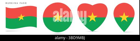 Burkina Faso schwenkende Flagge, runder kreisförmiger Aufkleber, herzförmiges Symbol, Kartennadel. Obere Volta-Flaggenknöpfe in verschiedenen Formen. Die Vektorabbildung ist Stock Vektor