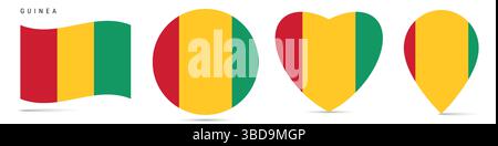 Guinea schwenkende Flagge, runder kreisförmiger Aufkleber, herzförmiges Symbol, Kartennadel. Flaggenknöpfe der Republik Guinea in verschiedenen Formen. Vektorabbildung i Stock Vektor