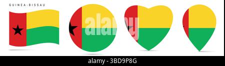 Guinea-Bissau schwenkende Flagge, runder kreisförmiger Aufkleber, herzförmiges Symbol, Kartennadel. Republik Guinea-Bissau Flaggenknöpfe in verschiedenen Formen. Vektor Stock Vektor