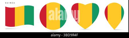 Guinea schwenkende Flagge, runder kreisförmiger Aufkleber, herzförmiges Symbol, Kartennadel. Flaggenknöpfe der Republik Guinea in verschiedenen Formen. Vektorabbildung i Stock Vektor