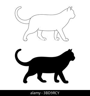Walking Cat Silhouette und Outline Vektor Illustration. Eine klare und minimalistische Illustration mit zwei Versionen einer wandernden Katze in der Profilansicht. Stock Vektor