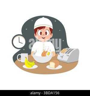 Glücklicher Junge, Der Suhoor Hat, Bevor Das Fasten Beginnt Stock Vektor