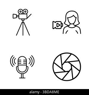 Modellgruppe für die Inhaltserstellung. Symbole für Videokamera, Mikrofon, Ersteller und Kameraauslöser für die Medienproduktion. Stock Vektor