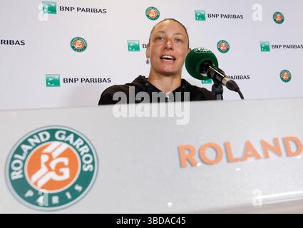 Paris, Frankreich. Mai 2025. Die belgische Yanina Wickmayer wurde während einer Pressekonferenz beim Tennis-Turnier Roland Garros French Open am Freitag, den 23. Mai 2025, in Paris gezeigt. Der Roland Garros Grand Slam findet vom 25. Mai bis 8. Juni 2025 statt. BELGA FOTO BENOIT DOPPAGNE Credit: Belga News Agency/Alamy Live News Stockfoto