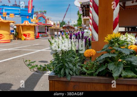 Das Foto zeigt eine lebendige Szene auf einem Festplatz. Im Vordergrund überfließt ein hölzerner Pflanzkasten mit bunten Blumen, weißen Schnappdrachen, pu Stockfoto