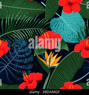 Tropische Blätter und Hibiskus- und Strelitzia-Blüten nahtloses Muster. Sommer Hintergrund. Vektorabbildung in abgewickelter Form Stock Vektor