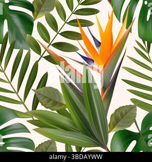 Tropische Blätter und Blumen nahtloses Muster. Botanischer Hintergrund. Dschungelmotiv. Stockfoto