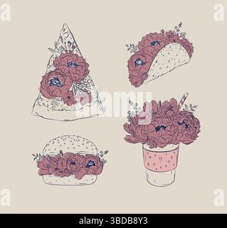 Essen Blumen Illustrationen Stück Pizza, Taco, Burger, Kaffee zum Mitnehmen im Blumenstil mit Blumen und Blütenblättern zeichnen mit Blau und Rot auf beige Ba Stock Vektor