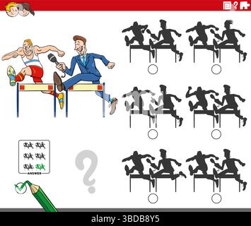 Cartoon-Illustration, wie das richtige Bild für das schattenpädagogische Puzzle mit Läufer und Reporter gefunden wird Stock Vektor