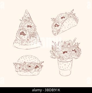 Essen Blumen Illustrationen Stück Pizza, Taco, Burger, Kaffee zum Mitnehmen im Blumenstil mit Blumen und Blütenblättern zeichnen mit braun auf beigem Hintergrund Stock Vektor